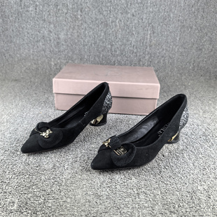 36码处理时尚通勤真皮女鞋春秋款尖头浅口中跟套脚羊反绒皮单鞋女