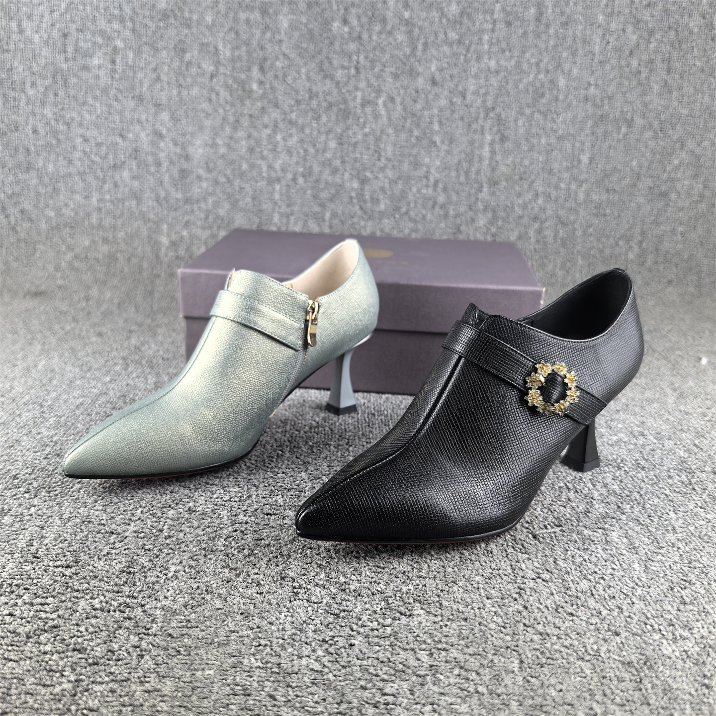 断码处理压纹牛皮民族风深口单鞋女春秋款尖头细跟真皮女鞋侧拉链