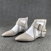 41码 女 尖头平跟短筒透气凉鞋 处理头层牛皮网纱凉靴子女2024夏季 款