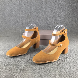 39码处理时尚气质真皮手工女鞋春秋款方头浅口中跟牛反绒皮单鞋女