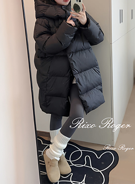 法国Rixo Roger 冬季新款高级感黑色休闲中长款连帽羽绒服外套女