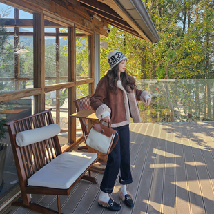 MISS158小个子九分奶奶裤厚绒牛仔裤复古简约风四面弹阔腿直筒