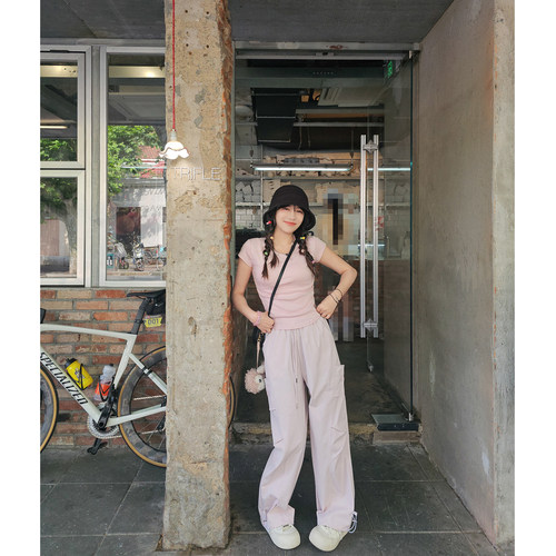 抽绳工装裤女松紧直筒阔腿休闲裤