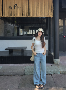 天丝窄版阔腿牛仔裤女夏季新款2026年显瘦直筒薄款冰丝垂感拖地裤