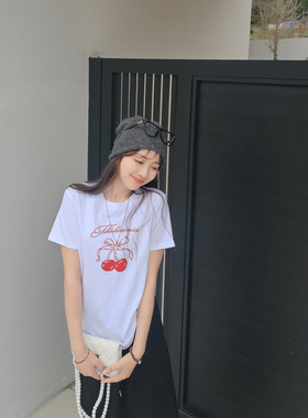 甜妹少女感休闲叠穿打底上衣女夏季减龄印花短袖重磅纯棉宽松T恤