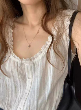 甜美花边单排扣背心新款无袖抽绳