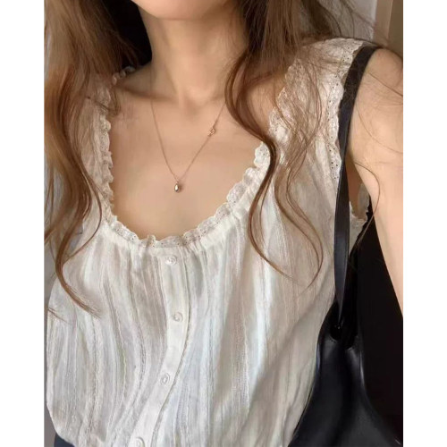 甜美花边单排扣背心新款无袖抽绳