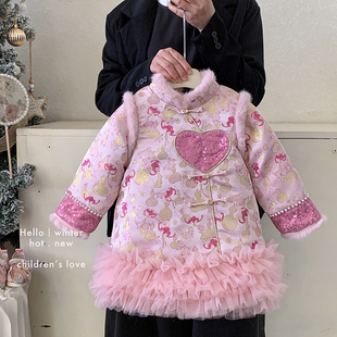 冬 女童中国风加绒印花连衣裙25D057 如意扣