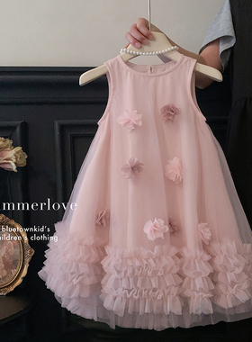 2025夏“重瓣蔷薇”女童无袖气质甜美立体花朵网纱连衣裙25X120