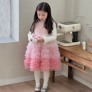 无袖 儿童加绒打底 加绒撞色连衣裙两件套W25229 女童套装 2025冬装