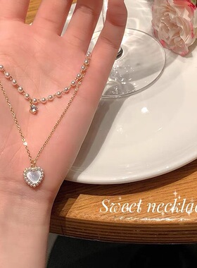 夏季珍珠双层爱心项链女轻奢设计小众叠戴精致锁骨链颈链ins