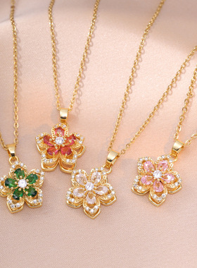 项链女网红旋转紫荆花锆石花朵小众时尚新款设计吊坠气质钛钢项链