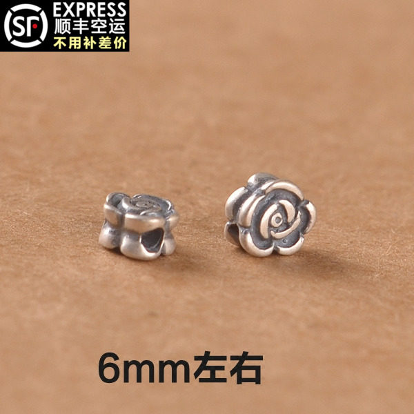 s925泰银玫瑰花隔珠纯银散珠扁珠复古做旧6mm左右银配件手链文玩