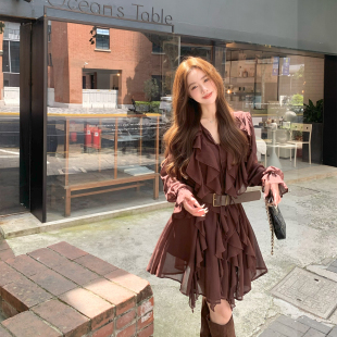 优雅层叠立体荷叶边不规则垂坠长袖 法式 连衣裙 秋日暮野 Baby61