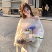 Baby61 春日来信 温柔风一字领立体绞花马海毛羊毛露肩毛衣女新