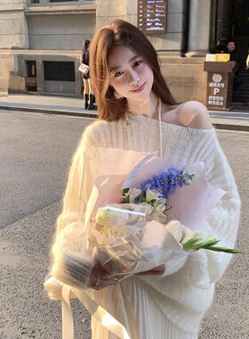 Baby61【春日来信】温柔风一字领立体绞花马海毛羊毛露肩毛衣女新