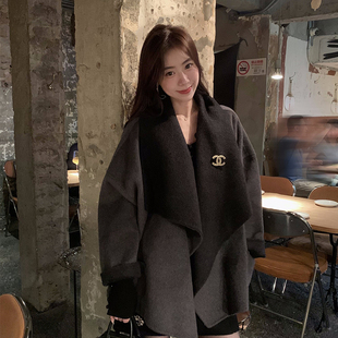 Baby61【杜桑黑玫】法式氛围感廓形双面尼天丝羊毛大翻领大衣现货