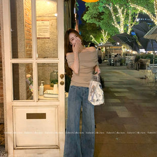 针织天丝亚麻上衣女新 性感设计感一字肩短袖 Baby61 曼妙西西里