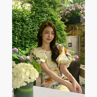Baby61【江南虞美人】夏日花卉荃亚麻花苞袖收腰开衩连衣裙女新款