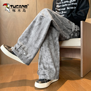 男潮牌休闲长裤 子男宽松潮流百搭弯刀裤 复古扎染阔腿裤 啄木鸟美式