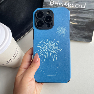 是绽放啊！ins简约蓝色烟花手机壳适用苹果17贴皮防摔16华为mate70pura80小米17promax氛围感红米k80X300