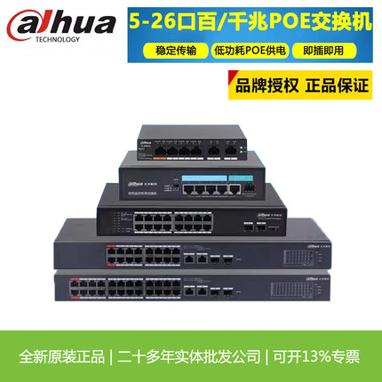 大华POE交换机4/8/9/16/24口千兆百兆国标48V网线供电1100C/2100C