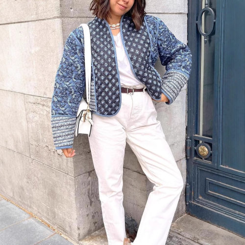 Women's Short Jacket Cardigan Floral Print Quilted Jacket Li
