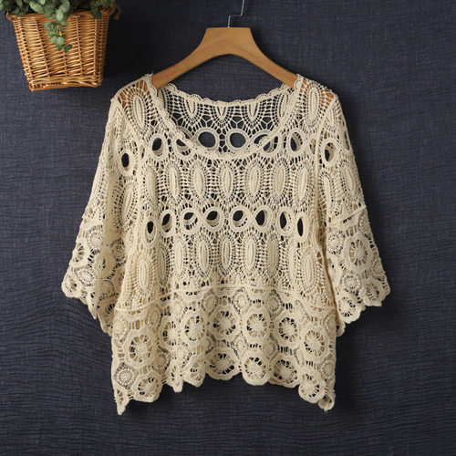 2026 Loose Crocheted Hollow Blouse Thin Short-sleeved Suspen