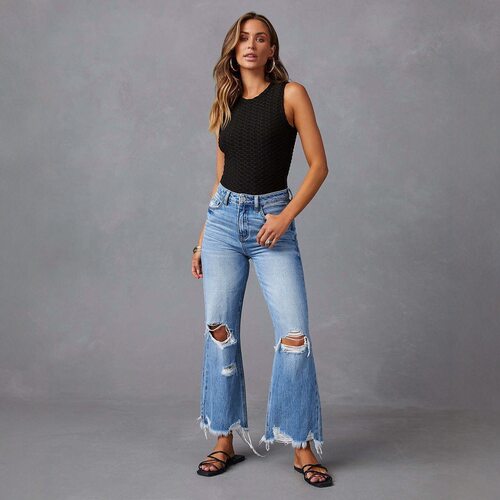 Women's Large Size Ripped Tassel Washed Wide Leg