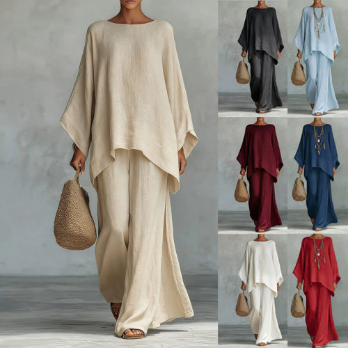 Women's Loose Linen Blend Solid lor Wide Leg Pants Casual Se
