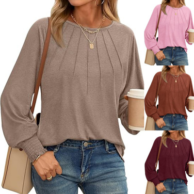 2026 Women's Crewneck T-shirt Pleated Casual Solid lor