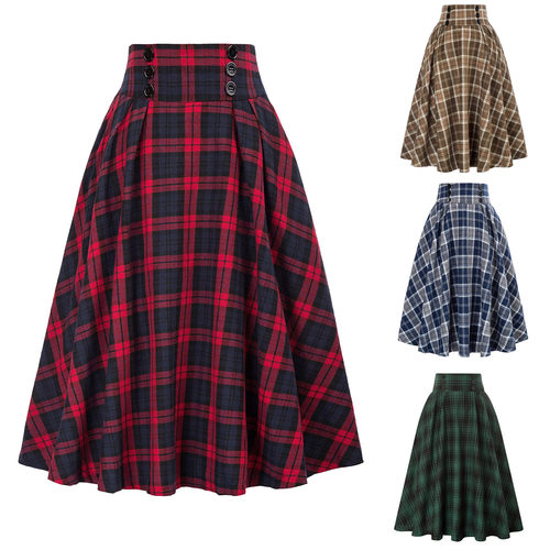 High - waisted plaid flared midi skirt, a fashionable autum