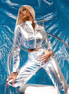 Women's 2026 Fashion Pu Metallic Stand llar Zipper Jacket Wo