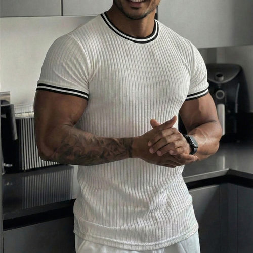2026 Men's Sports Fitness Leisure Sretch Vertical Strip Crew
