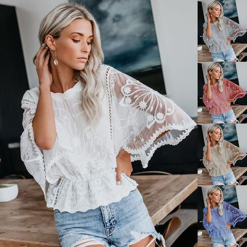 2026 Women's Lace Short Sleeve Loose Dolman Sleeve