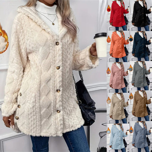 2026 Women’s Solid-color Single-breasted Plush Hooded Fashi