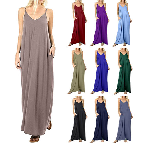 Women's Solid lor Loose Pocket Long Dress Vest Sexy Slip Dre