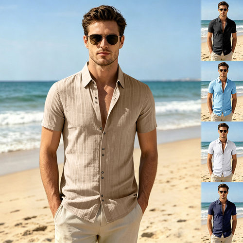 Men's Casual Short Sleeve Striped Jacquard European Size Shi