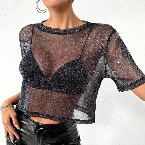 Women's Half-cut Short-sleeved Mesh Clothes Bright Silk Inne