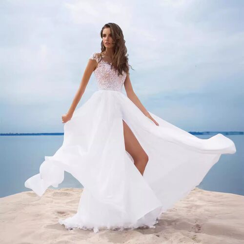 2026 Lace Chiffon Ball White Evening Split Large Dress