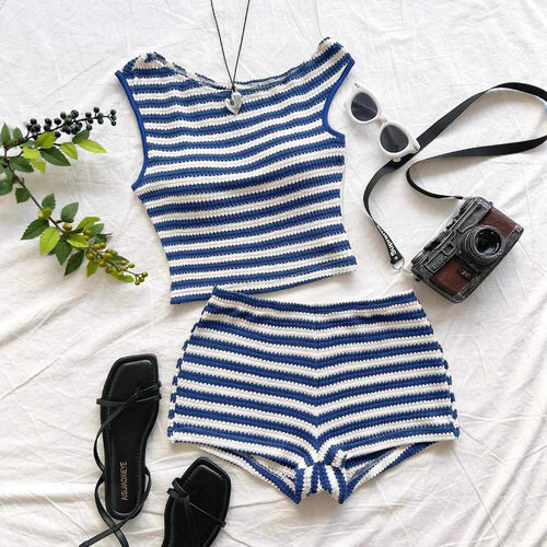 Women's Vacation Striped Small Vest Hip Short Suit