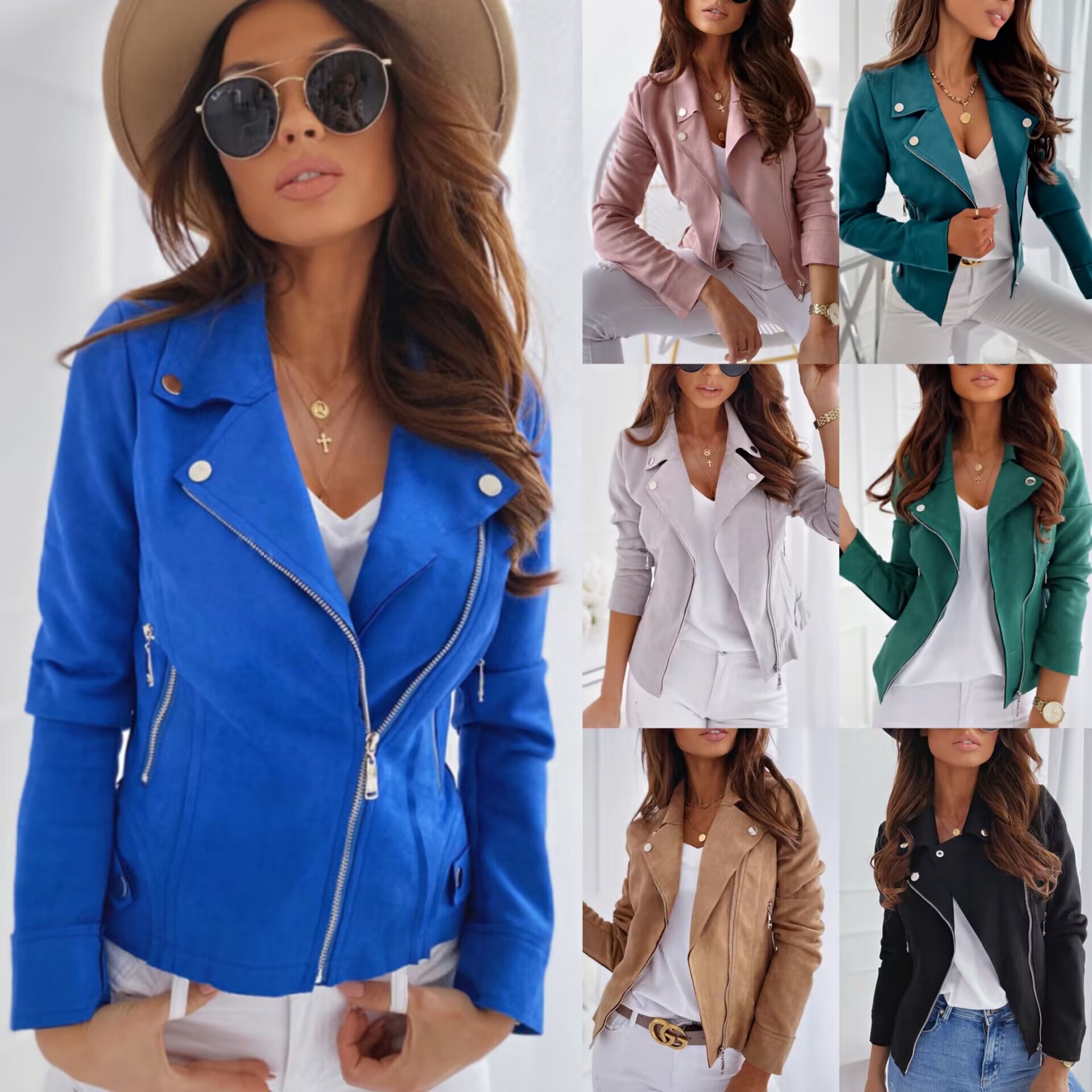 New women's zipped suede short jacket with lapel winter 2025