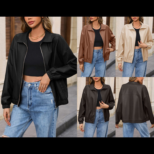 Casual Solid lor Pu Motorcycle Lapel Jacket For Women
