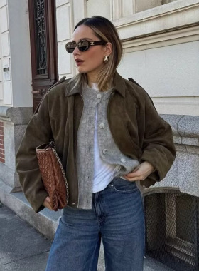 Women's 2026 Fashion Suede Texture Effect Bomber Jacket