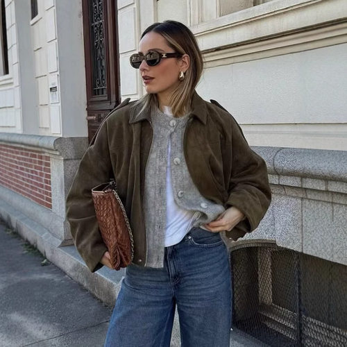 Women's 2026 Fashion Suede Texture Effect Bomber Jacket