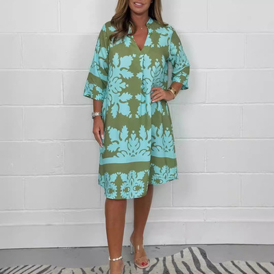 2026 Station V-neck Printed Seven-sleeve Floral Dress