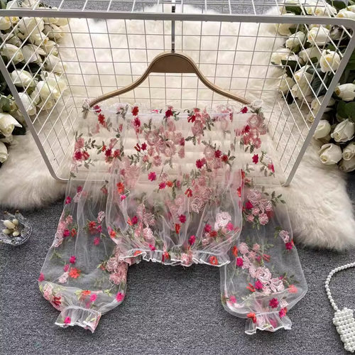 One-shoulder Mesh Embroidery See-through Women's Loose Outer