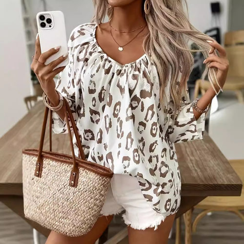 2026 Women’s Elegant Commuter Khaki Leopard-print Maxi V-ne