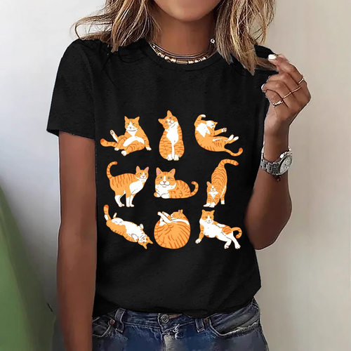 Daily Versatile Cute Little Orange Cat Printed Round Neck Sh