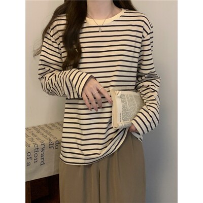 Crewneck T-shirt Women's Loose Slimming All-match Striped Ca